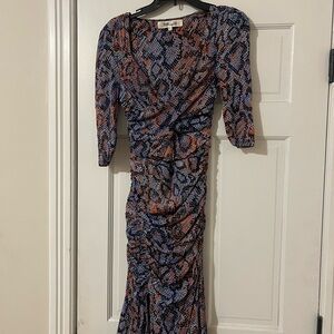 Diane Von Furstenberg Blue and Orange Ruched Midi  Dress
